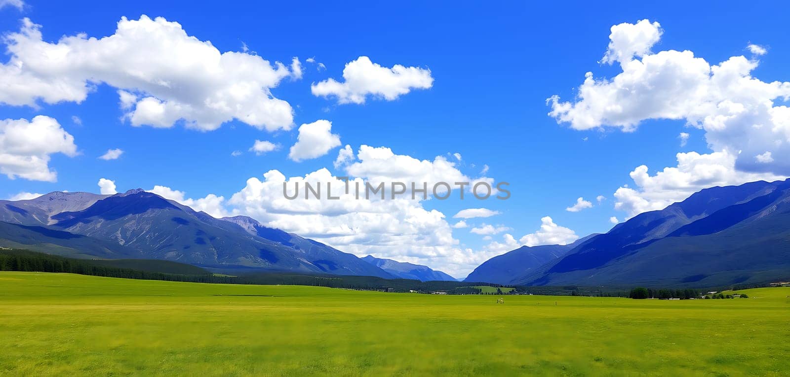 A vast, verdant field stretches towards the horizon, framed by majestic mountains that pierce the sky. Fluffy white clouds dance lazily against the brilliant blue canvas above, casting playful shadows across the scene. This idyllic landscape evokes a sense of peace and tranquility, inviting you to wander through its serene beauty.