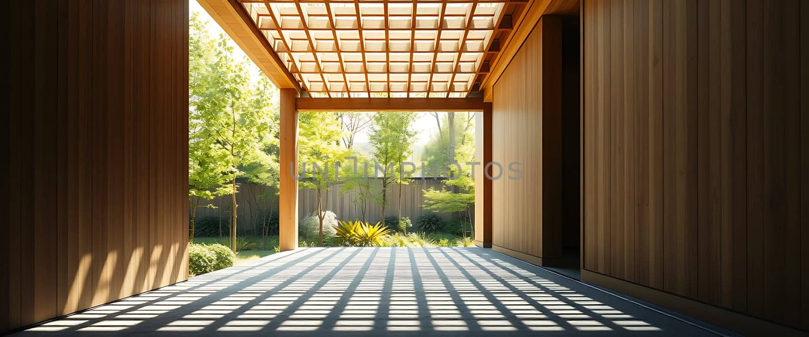 The scene is a tranquil courtyard bathed in warm sunlight, framed by a wooden walkway leading to a verdant garden. The patterned shadows cast by the slatted pergola overhead dance across the floor, adding a touch of visual intrigue to the peaceful atmosphere. The natural light illuminates the textures of the wood and foliage, creating a sense of serenity and harmony.