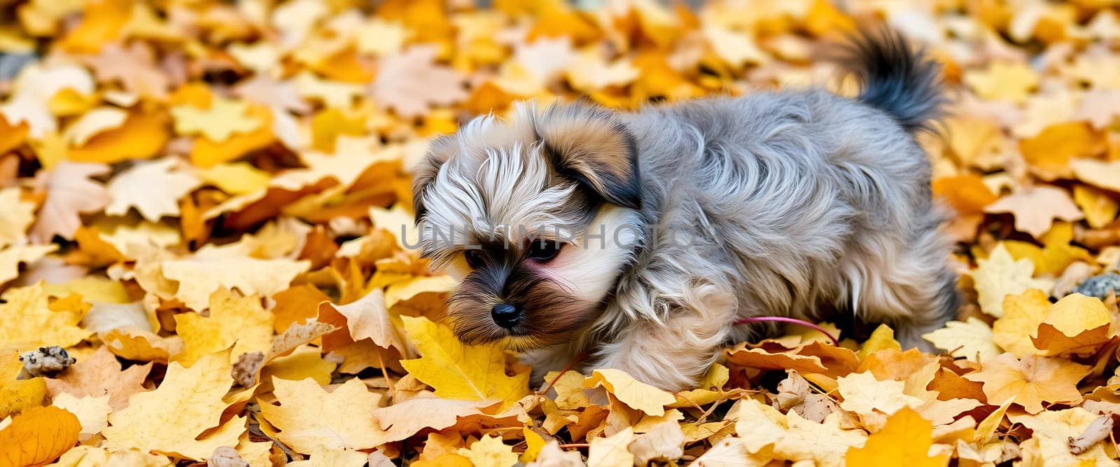 A fluffy, gray and white puppy with a black tail wades through a sea of golden autumn leaves. Its soft fur and big, curious eyes stand out against the vibrant backdrop of the forest floor, creating a warm and inviting scene. The image captures the joy of exploration and the beauty of nature's changing seasons.