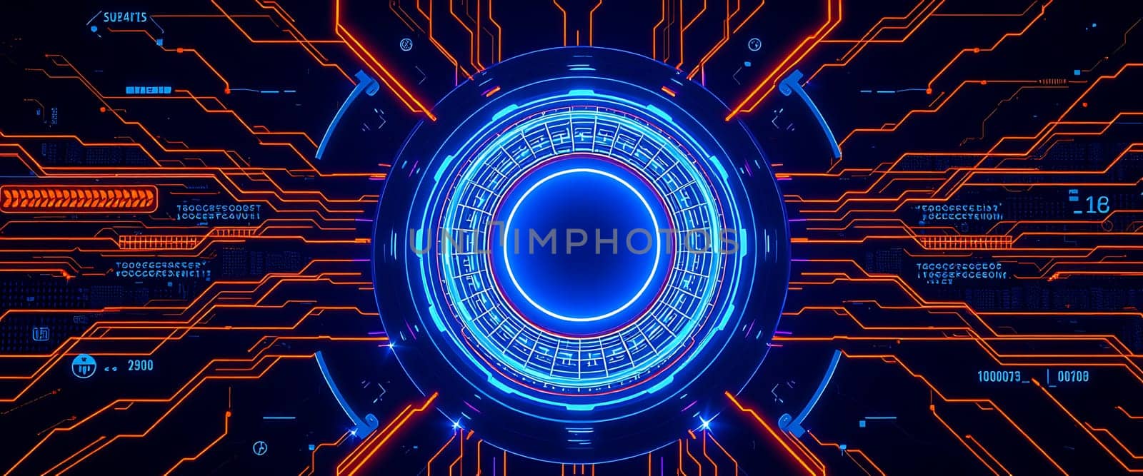 A glowing, futuristic interface pulsates with energy, showcasing vibrant orange and blue lines that form a mesmerizing pattern. The central circular element, encased in a ring of glowing blue, exudes an aura of power and technological advancement. The complex, interwoven lines suggest a dynamic and intricate network humming with unseen processes.