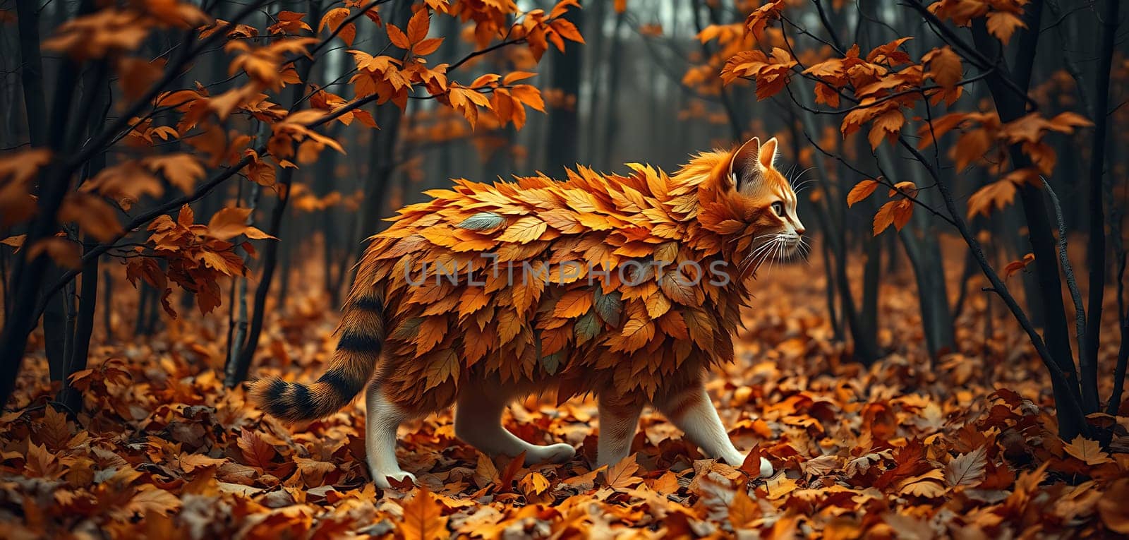 A cat, almost entirely covered in autumn leaves, walks through a forest with an air of mystery and tranquility. The warm tones of the leaves create a beautiful contrast with the dark, shadowed trees, while the soft light filters through the canopy, creating a magical atmosphere. The cats sharp eyes and slightly alert stance hint at a hidden sense of wonder, perhaps exploring a secret world within the forest.