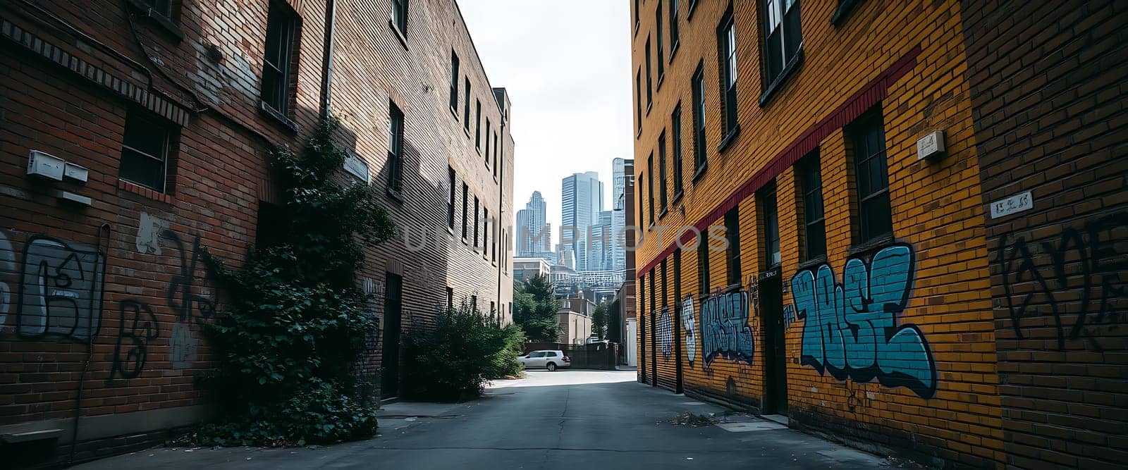 The narrow alleyway, lined with weathered brick buildings, leads the eye towards a distant cityscape. A vibrant blue graffiti mural pops against the warm yellow brick, while verdant foliage creeps along the opposing wall, creating a contrast between urban decay and natural resilience. The scene evokes a sense of mystery and intrigue, inviting the viewer to explore the hidden depths of the city.