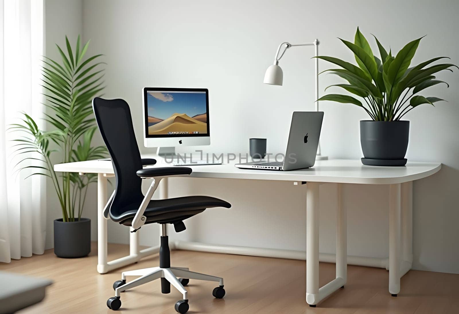 Home office with ergonomic furniture, a laptop, and a desk plant, promoting healthy work habits