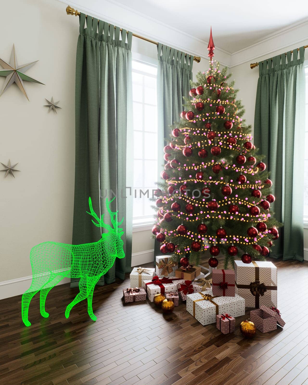 A decorated Christmas tree with colorful ornaments, surrounded by presents and a cheerful green reindeer