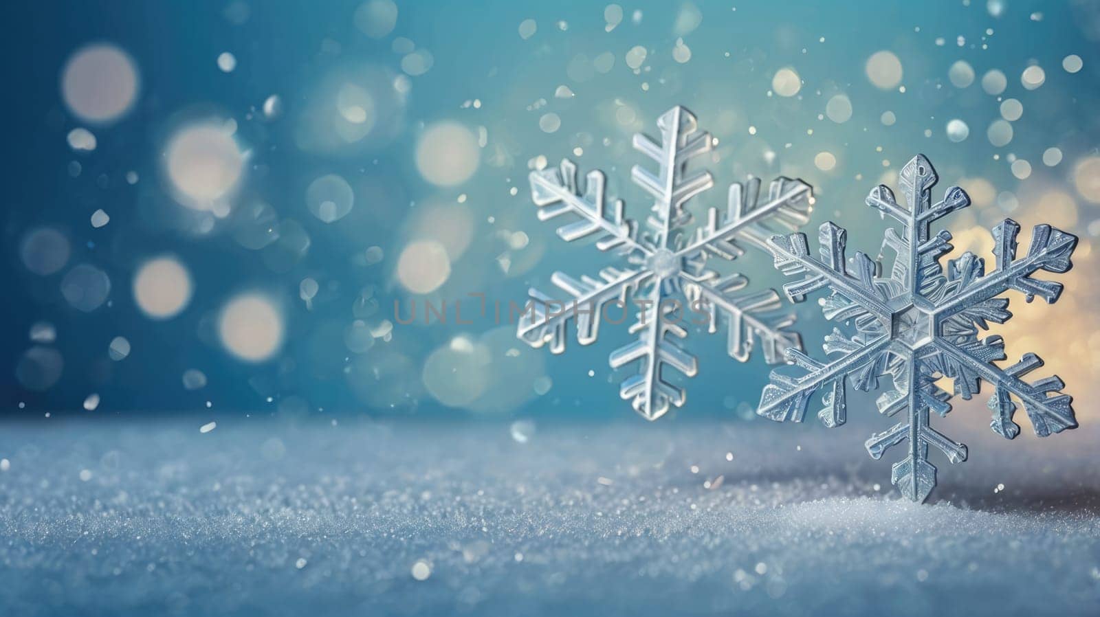 Two Beautiful Silver Snowflakes on a Soft Blue Background with Falling Snowflakes in Winter.