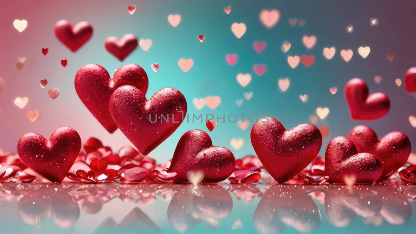 Red heart-shaped balloons floating against a blue background with a pink vignette border.
