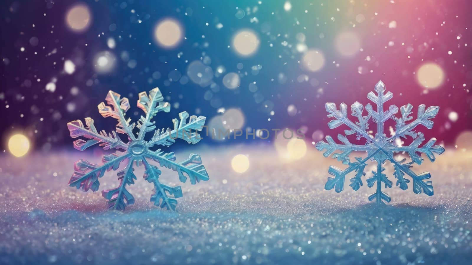 Delicate and Ornate Snowflakes Glimmering on a Sparkling Snowy Background with Soft Lights.