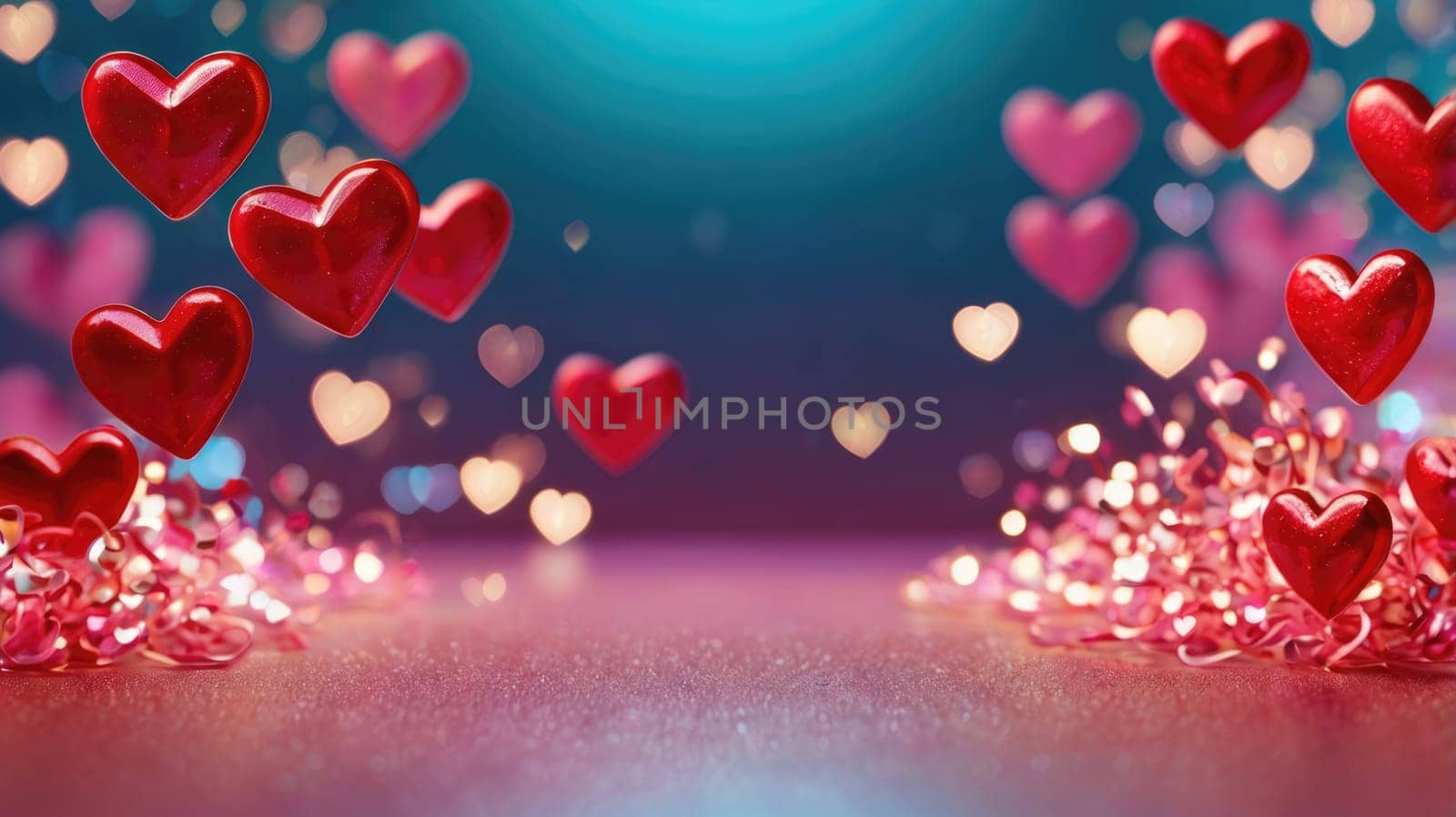 Pink and red heart-shaped balloons on a blue background. There is a pink glitter floor..
