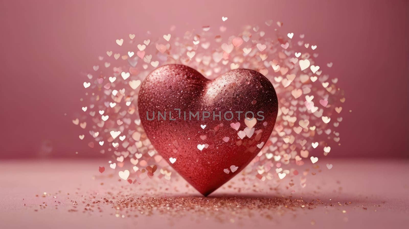 Pink glitter heart on a pink background with scattered heart-shaped glitter.