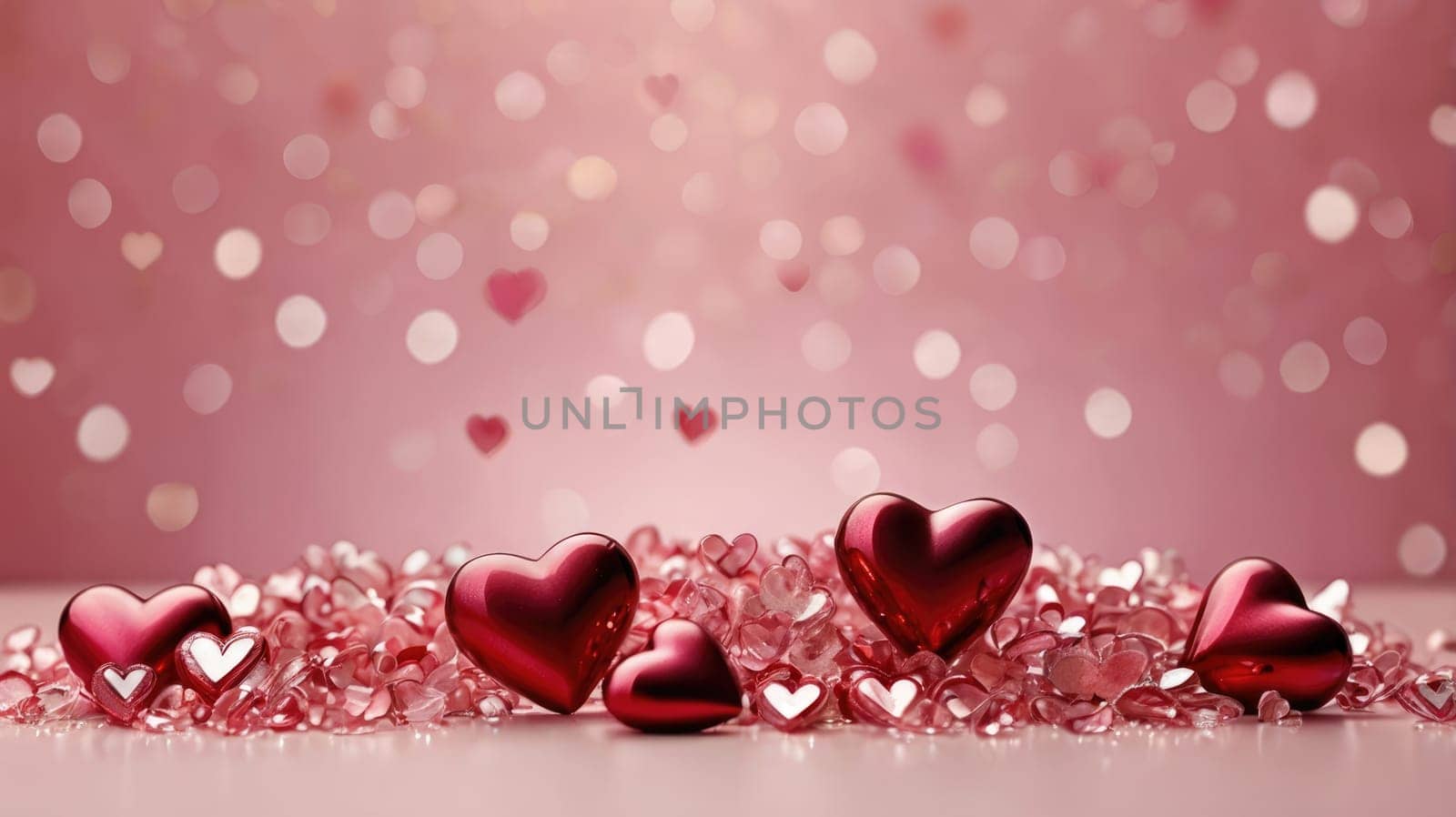 Red and pink heart shape candy decoration on a pink background for Valentines Day.
