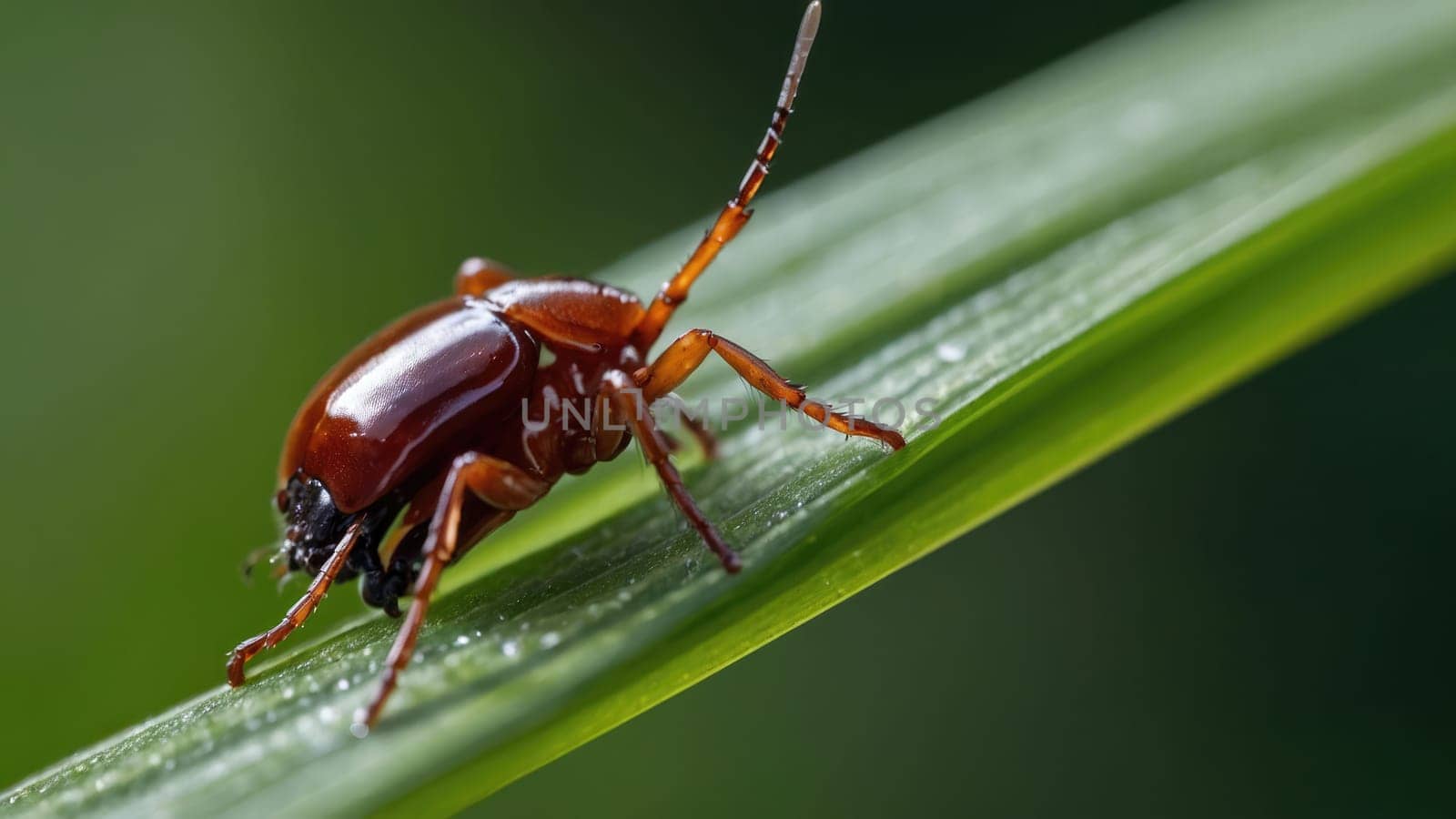 Closeup of a tiny brown beetle perched on a green blade of grass with a dewdrop on it..