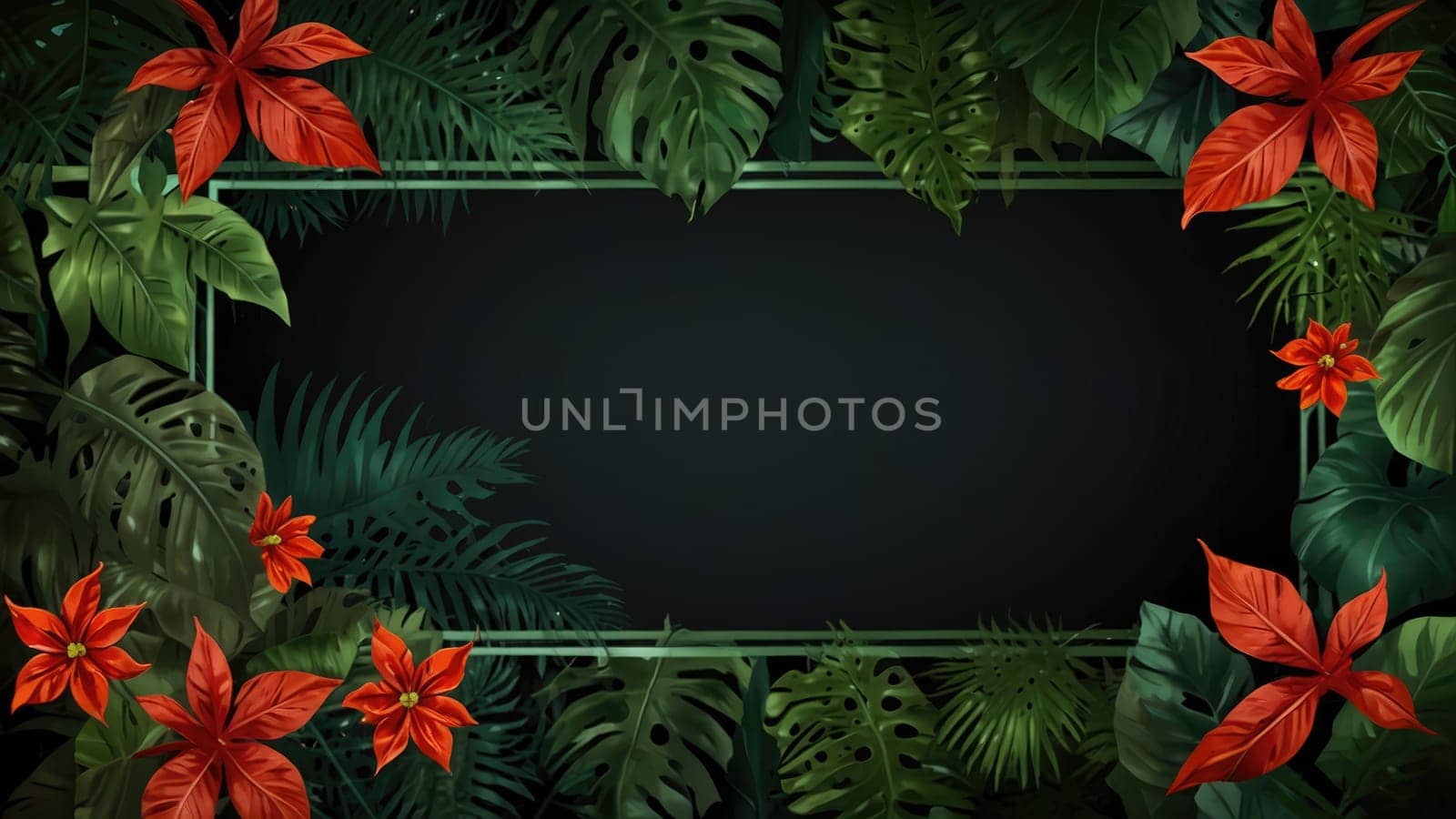 Vibrant Red Anthurium Flowers and Lush Tropical Foliage Border with Dark Background.