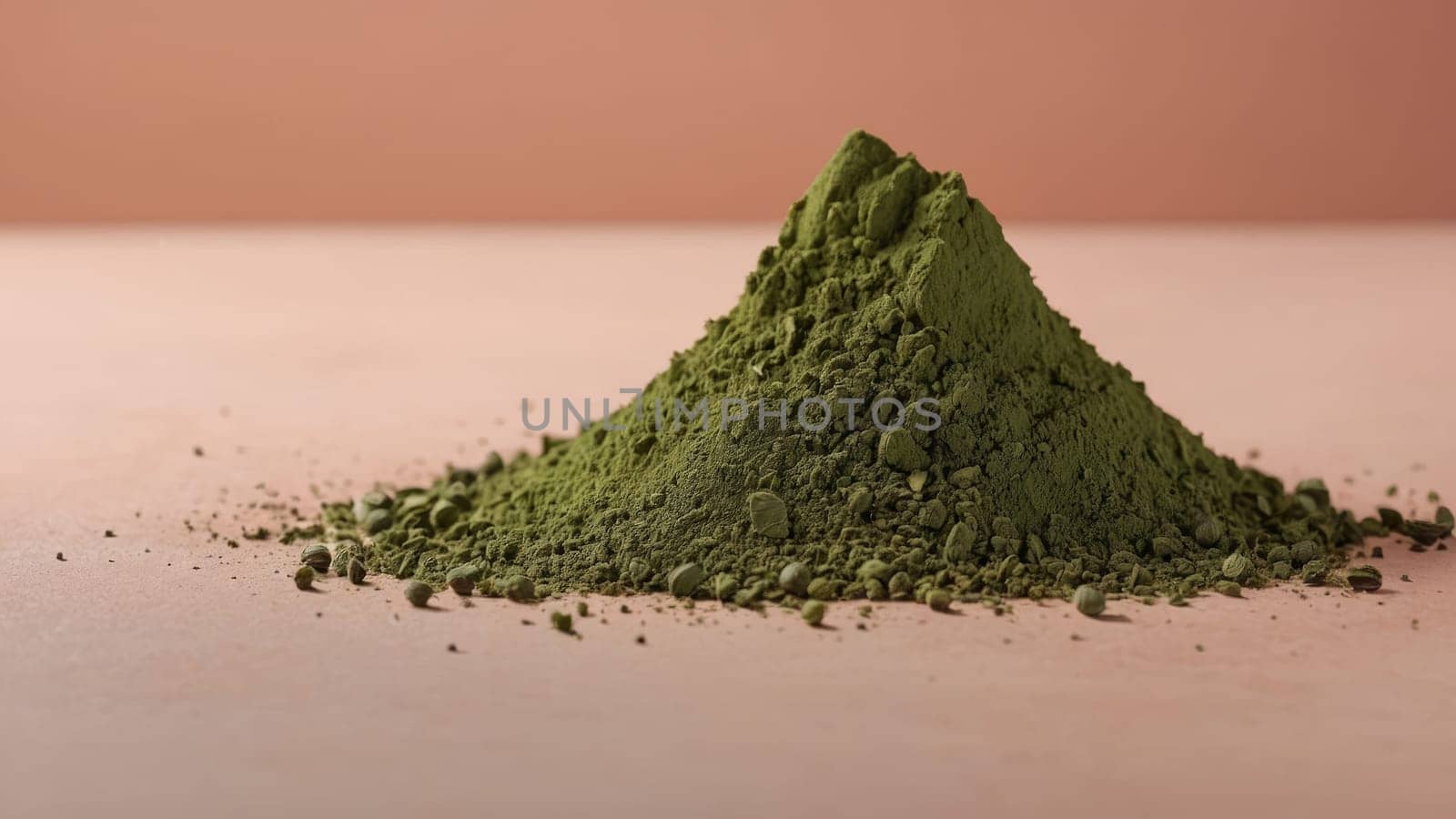 Finely Ground Vibrant Green Matcha Tea Powder Pile Isolated on Beige Background for Culinary Use.