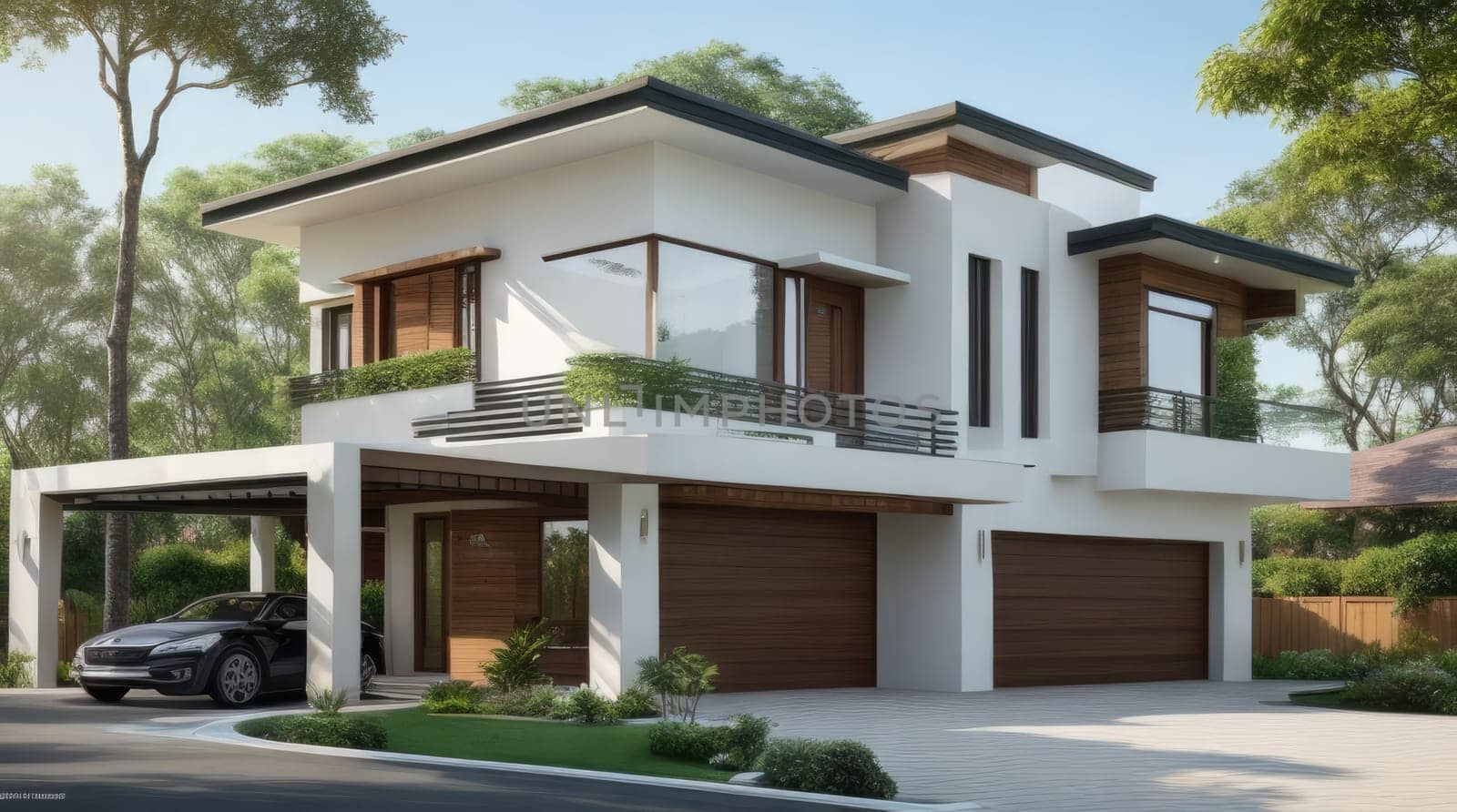 Contemporary Two-Story Family Home Design with Garage, Garden, and Spacious Yard.