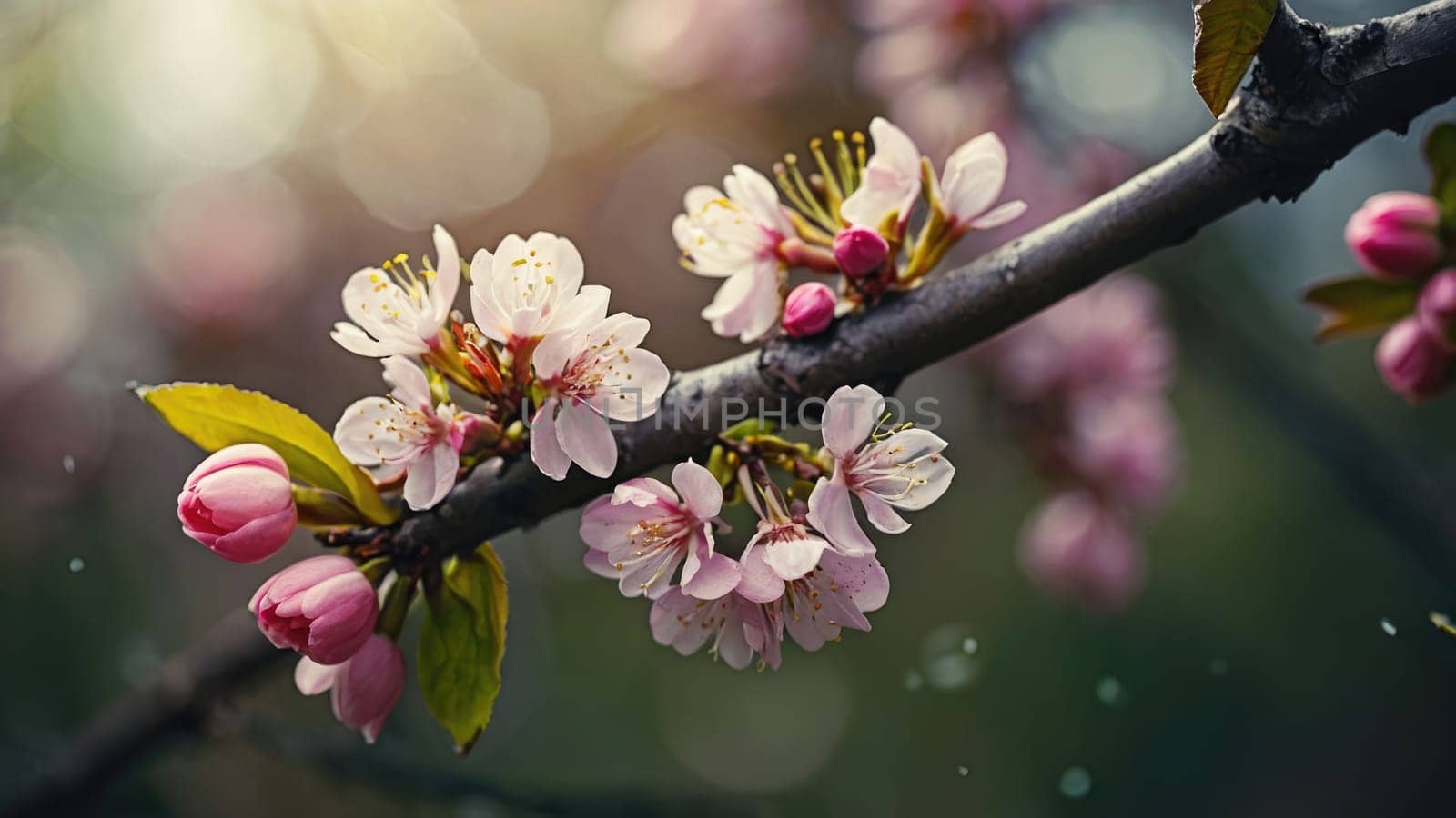 Close-up Macro Shot of a Single Almond Tree Branch in Full Bloom with Delicate Blossoms.