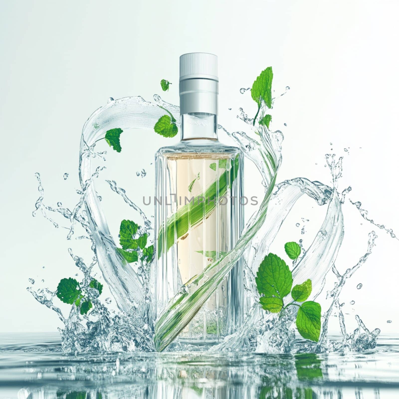 Transparent bottle filled with liquid is standing in the middle of a big splash of water, creating interesting shapes and reflections