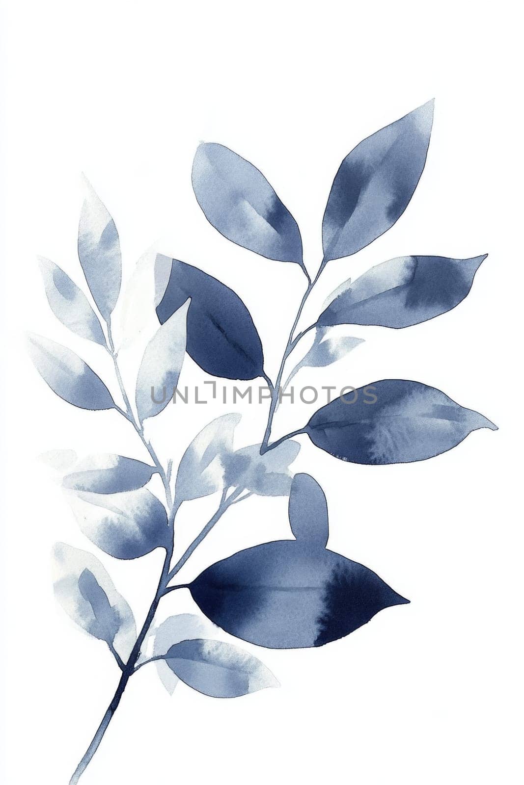 Leaves, tree branches painted with blue watercolor on a white background. High quality photo