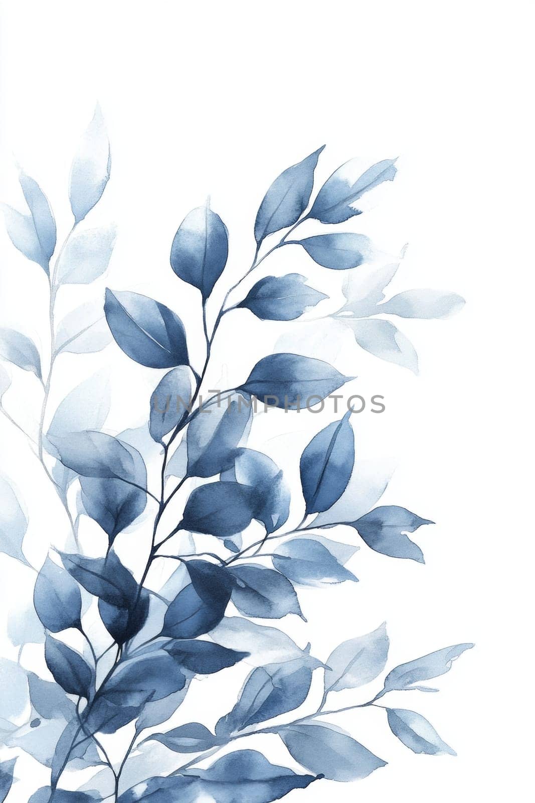 Leaves, tree branches painted with blue watercolor on a white background. High quality photo