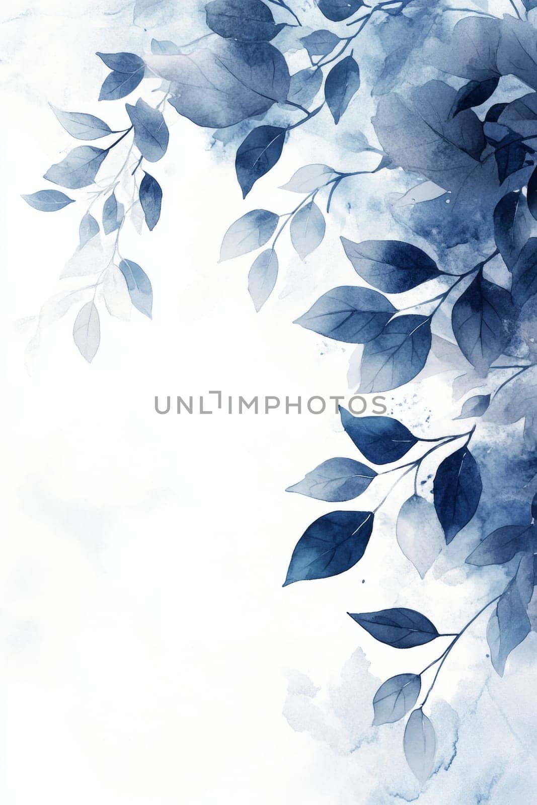 Leaves, tree branches painted with blue watercolor on a white background. High quality photo