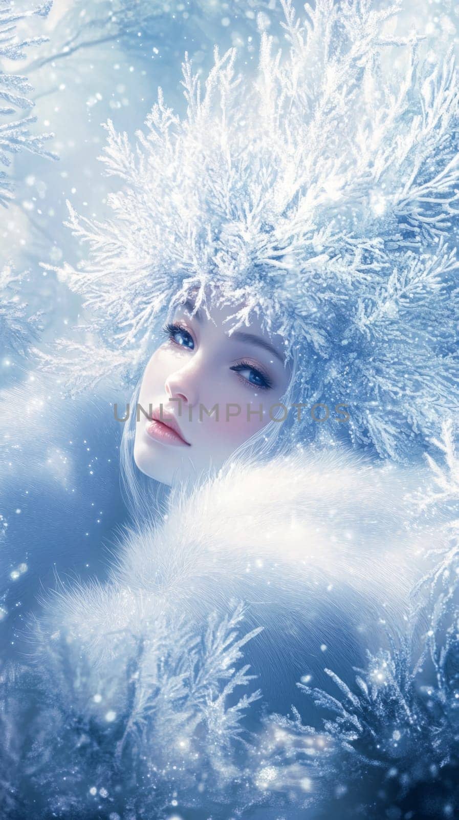 Portrait of a very beautiful woman in a winter forest, a fairy or mistress of the forest walks around her domain. High quality photo