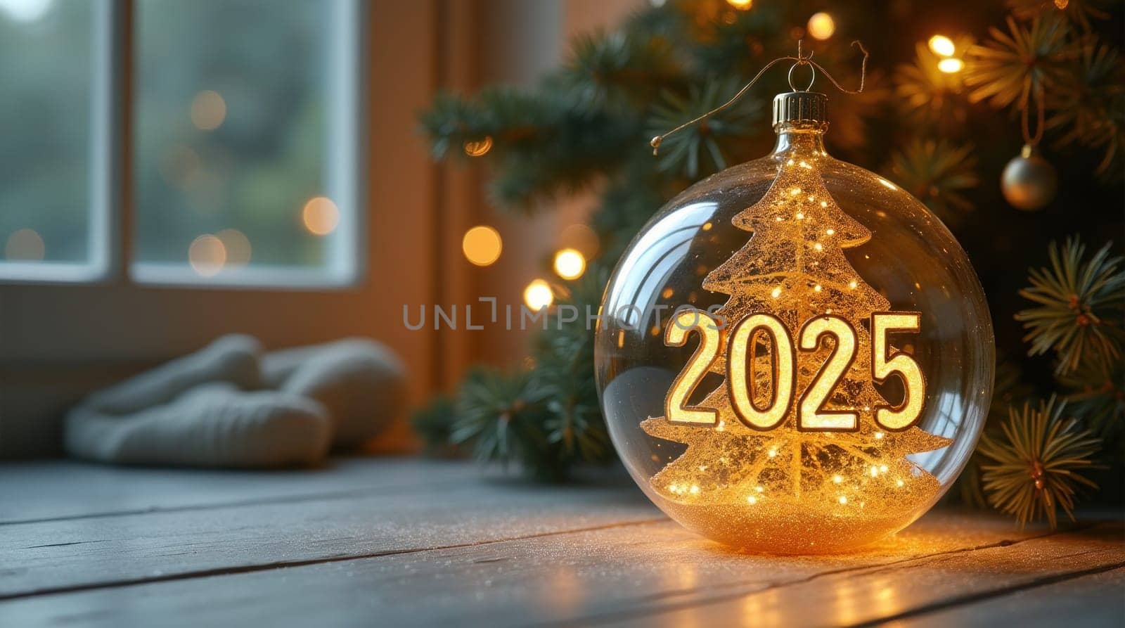 Golden christmas ball ornament containing the year 2025 surrounded by gold glitter on a sparkling background