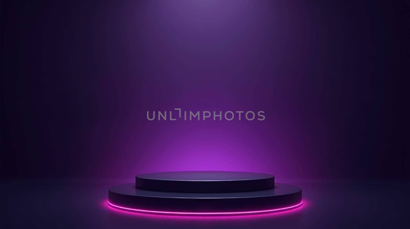 Round black pedestal illuminating purple background with copy space for your product placement