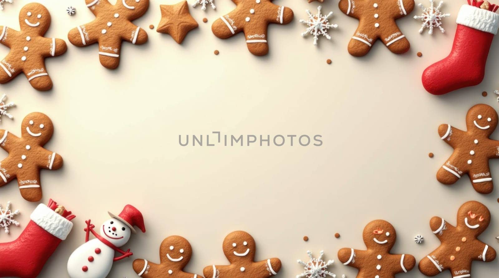 Christmas frame made of gingerbread men, candy canes and pine branches surrounding a white background