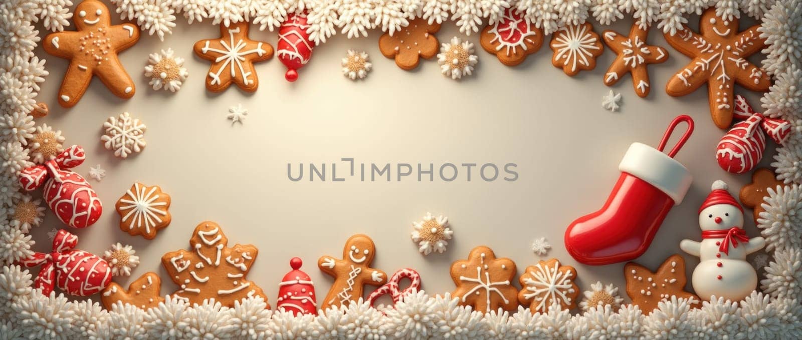 Festive christmas gingerbread frame with a snowman and santa stocking is surrounding a blank space with copy space