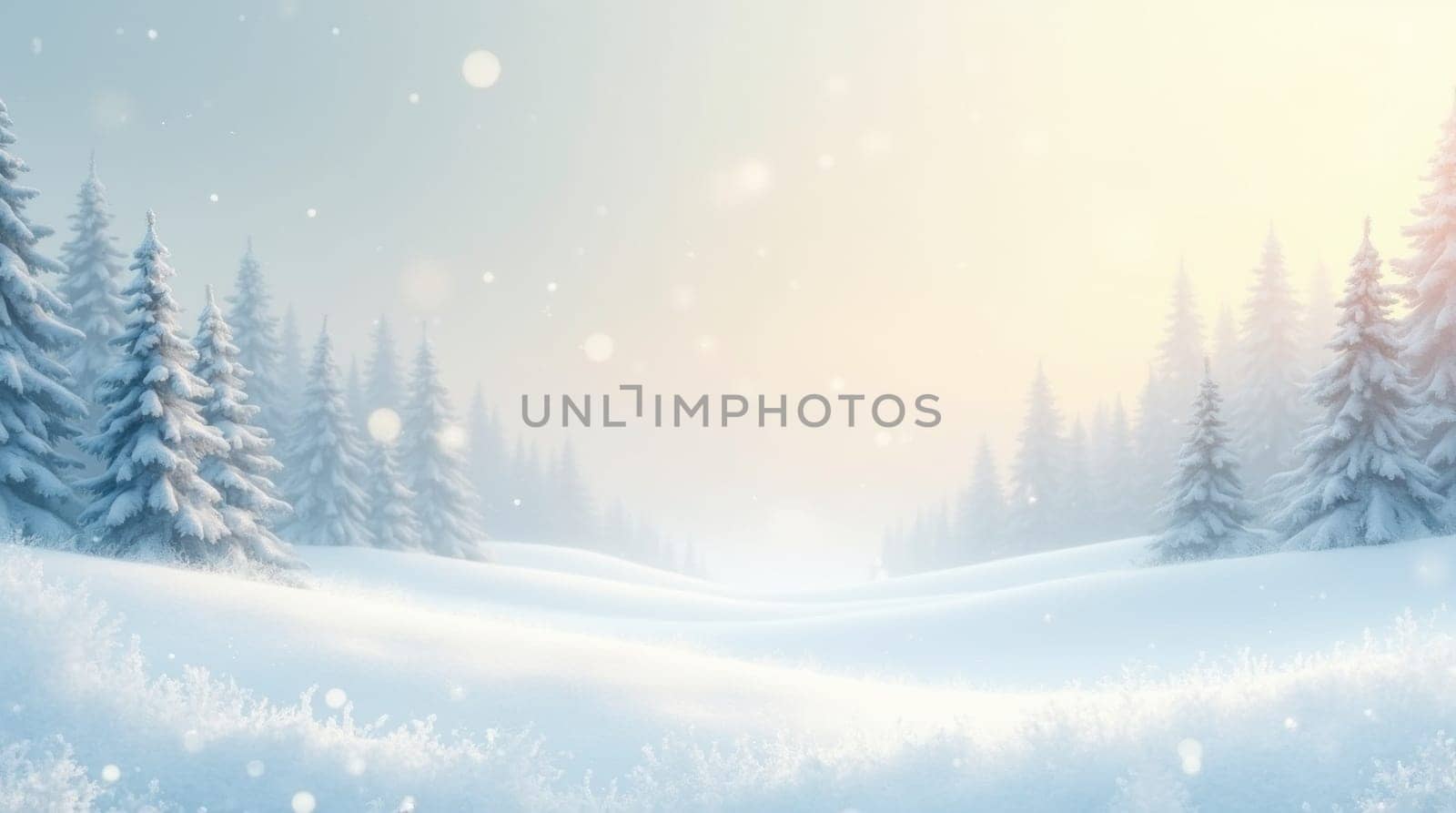 Sunlight shining on snow-covered trees creating a magical winter wonderland
