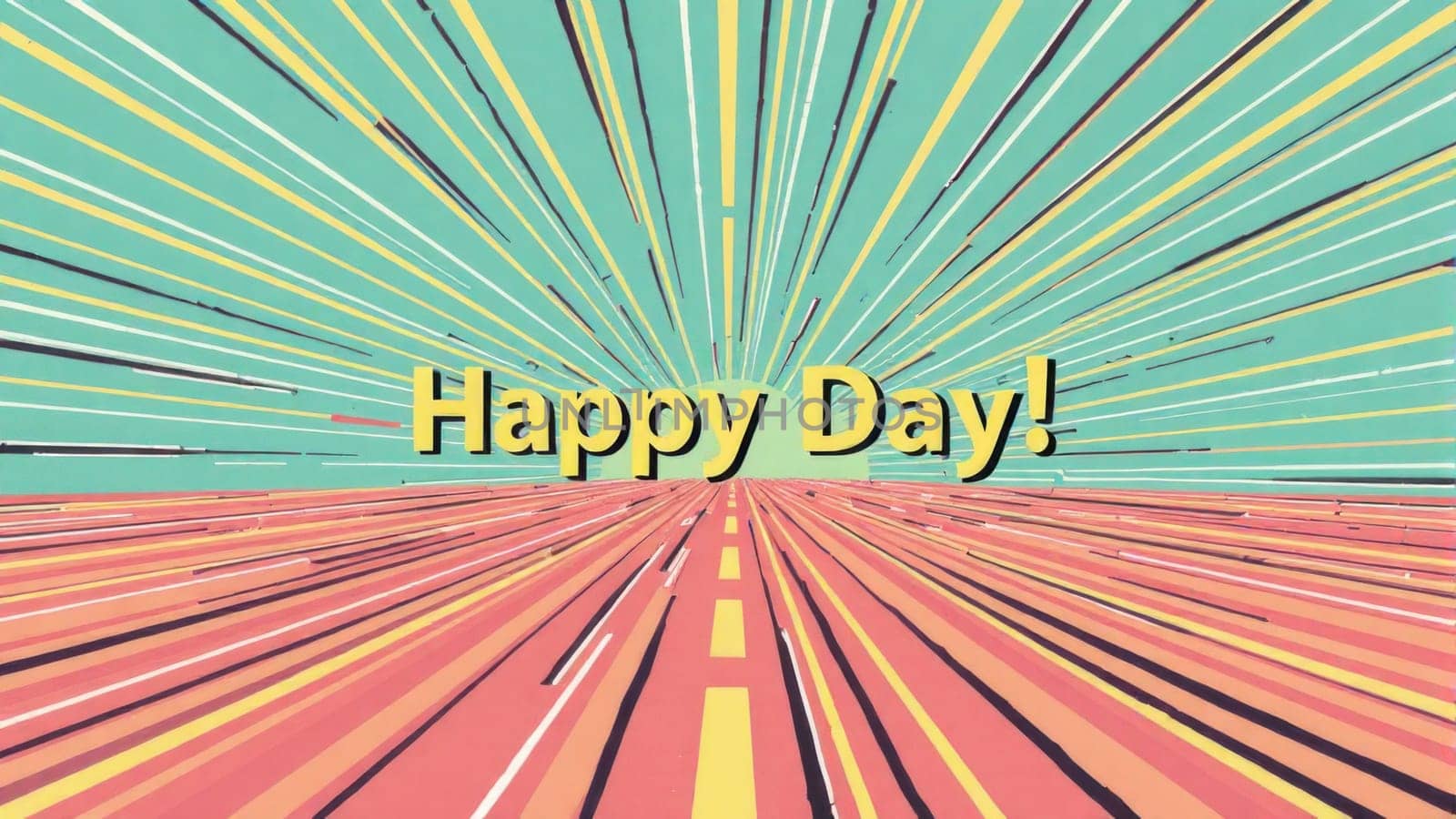 Speeding background of a road trip with sun rays and the words happy day