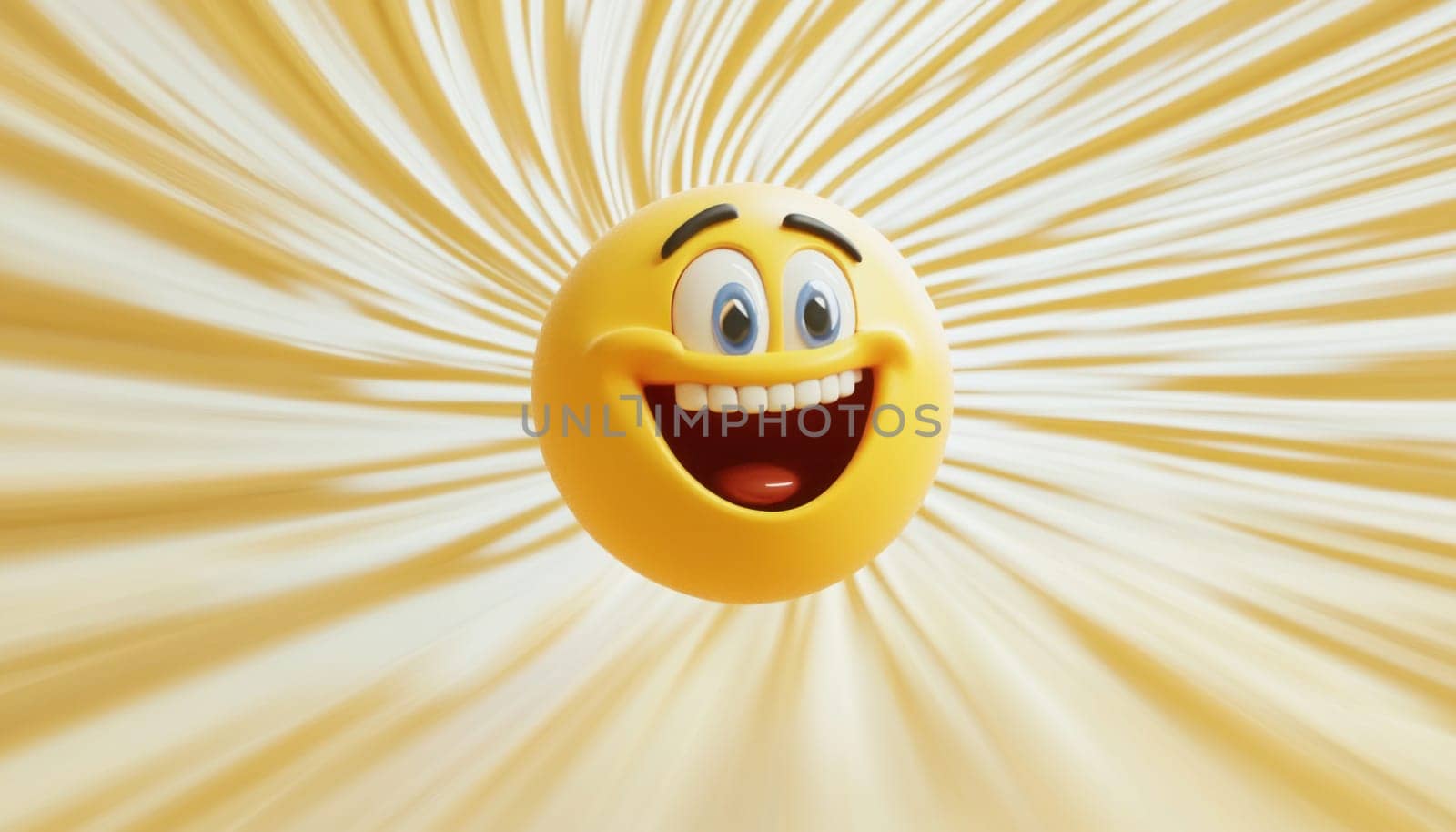 3d emoji is showing a toothy smile on a blurry yellow background with motion blur