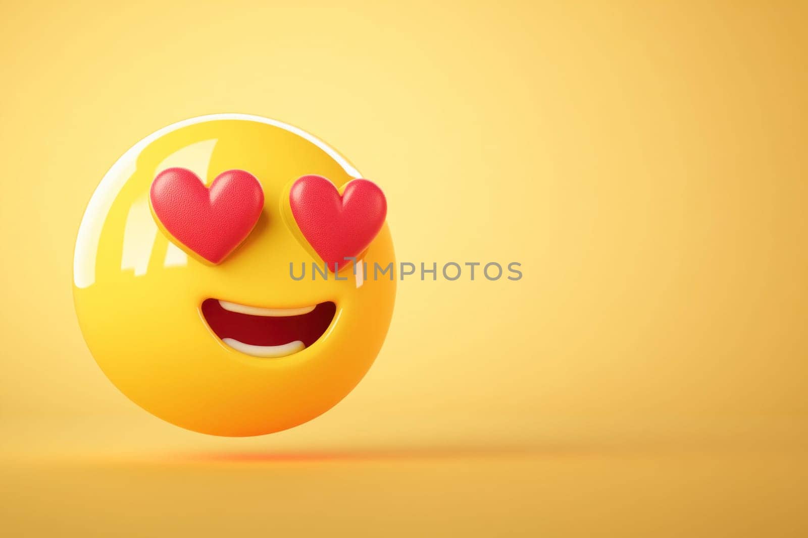 3d rendering of a yellow emoji with heart eyes, floating on a yellow background