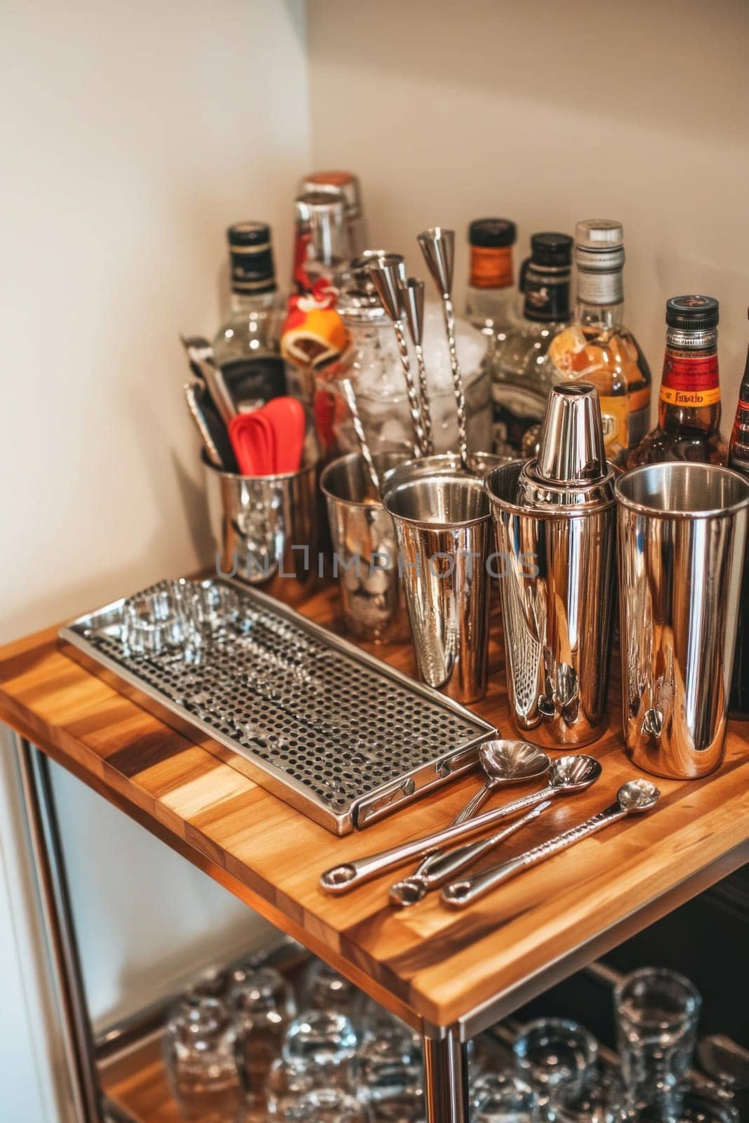 Stainless steel cocktail shaker and bar tools sitting on a bar cart waiting for a bartender to make a drink