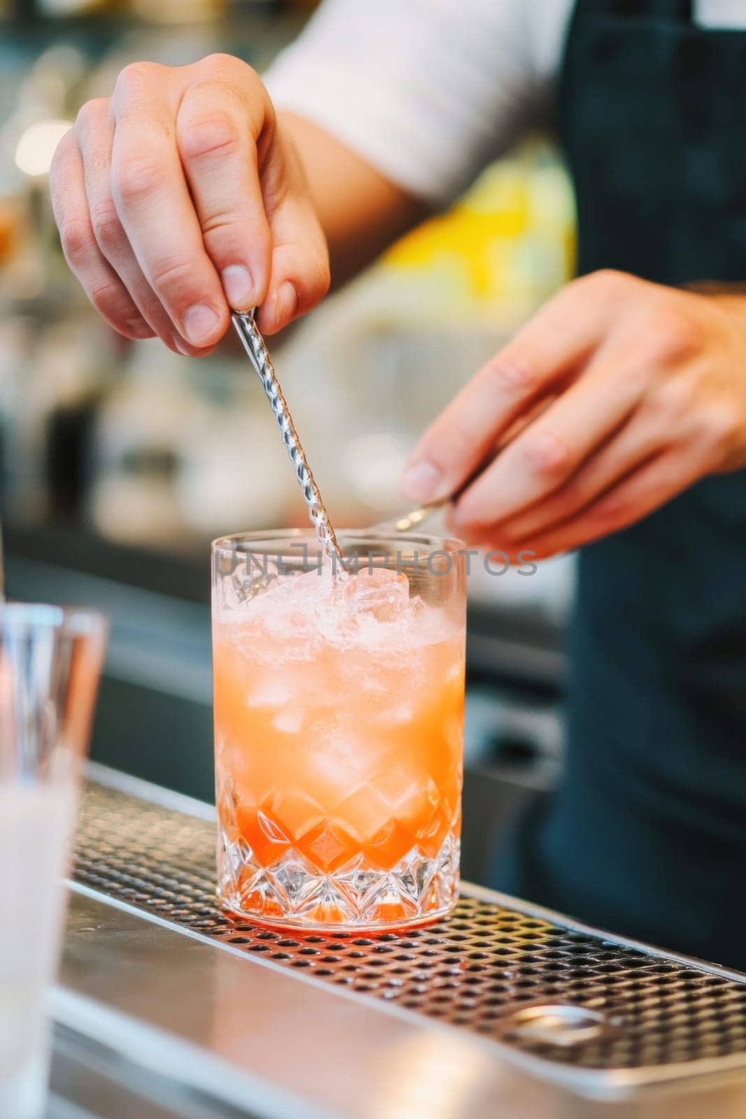 Bartender carefully stirring aperol spritz cocktail with ice cubes using bar spoon