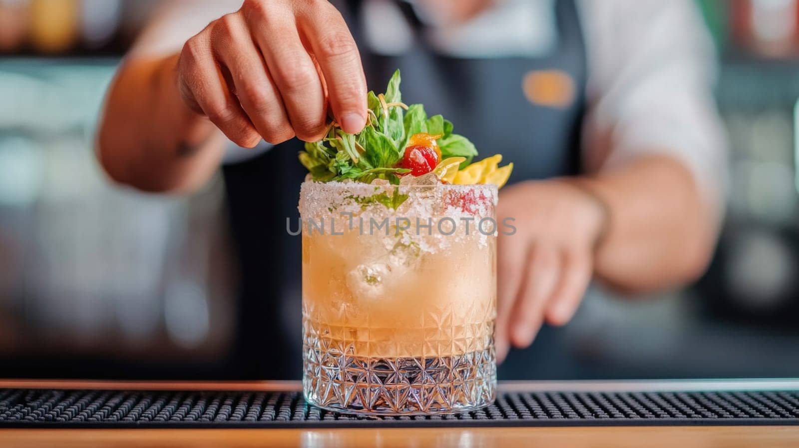Bartender is adding a sprig of fresh mint to a cocktail with a sugar rim, fruit, and ice