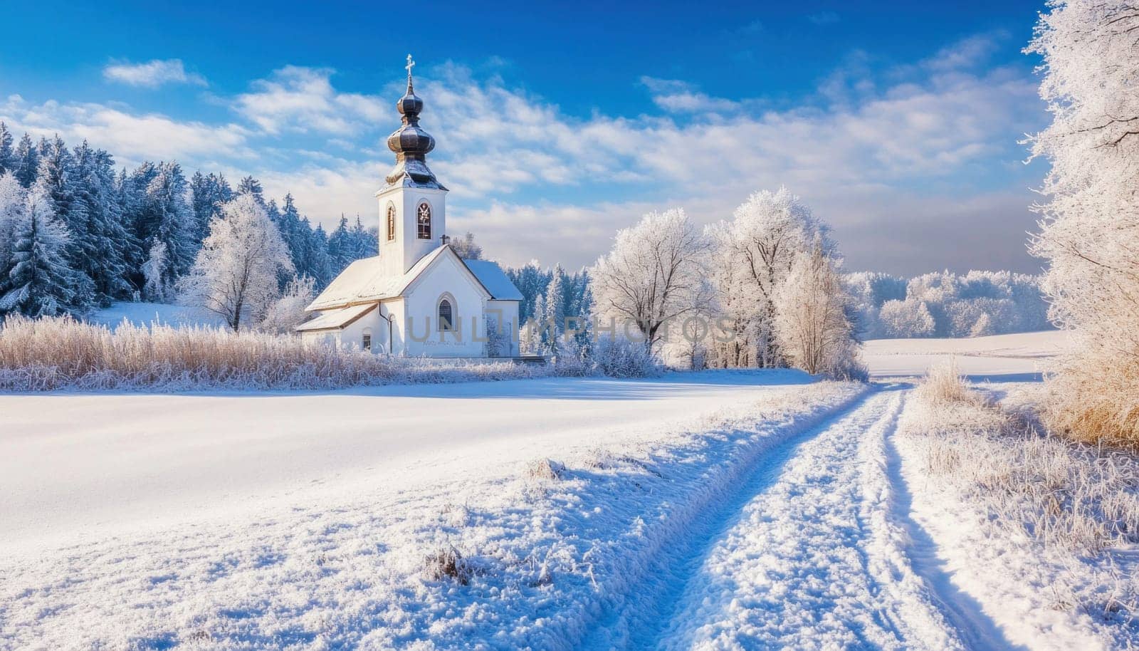 Snowy road is leading to a small church in a beautiful winter landscape