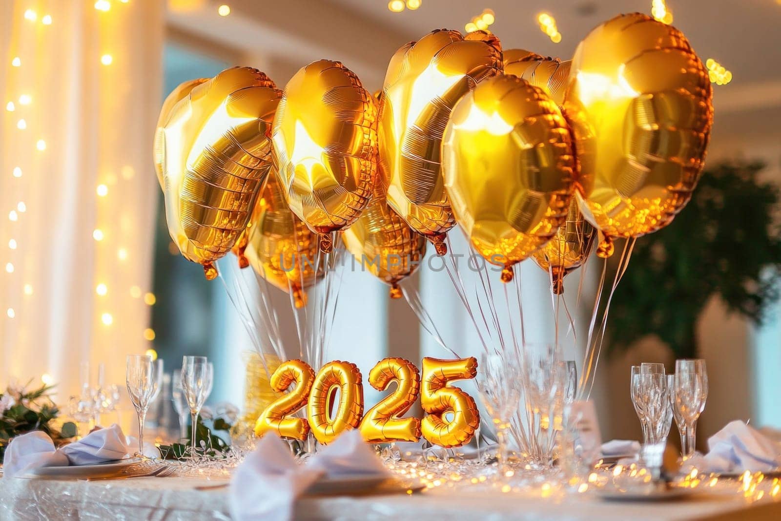Golden balloons are floating over a festive table set for a new year's eve party, with the numbers 2025 in the foreground