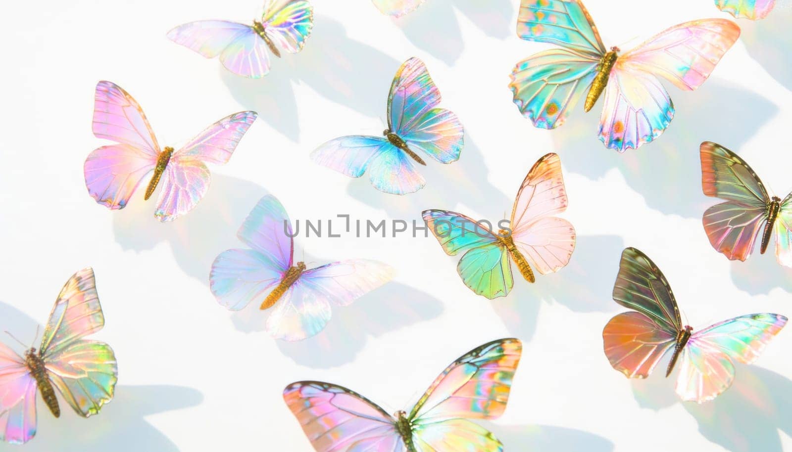 Many iridescent butterflies with colorful wings are flying on white background