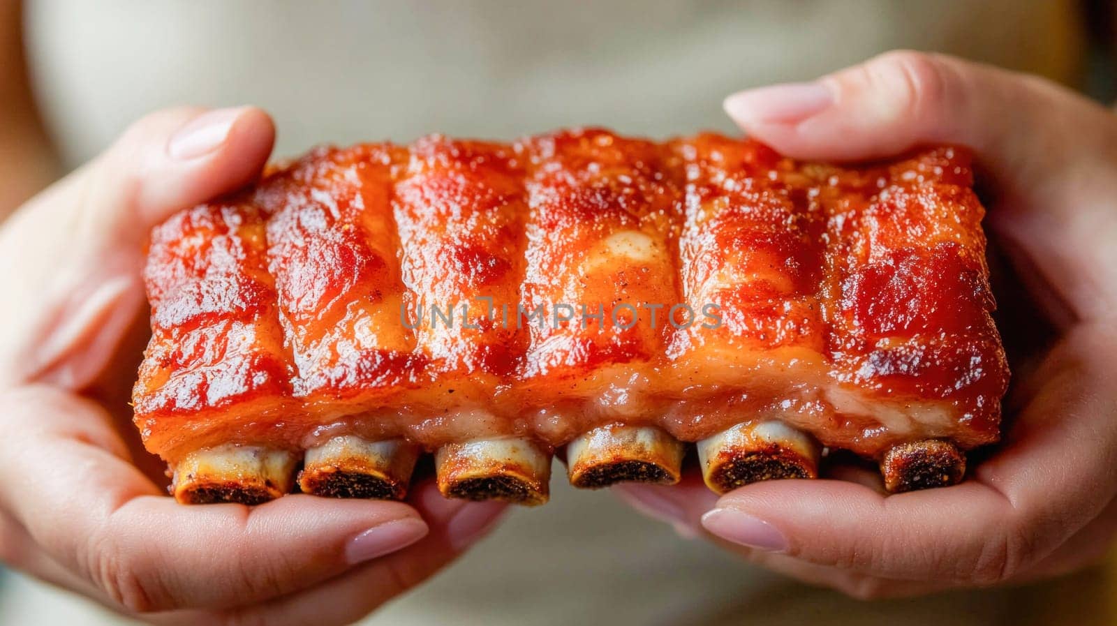Chef is holding a rack of delicious, spicy barbecue pork ribs