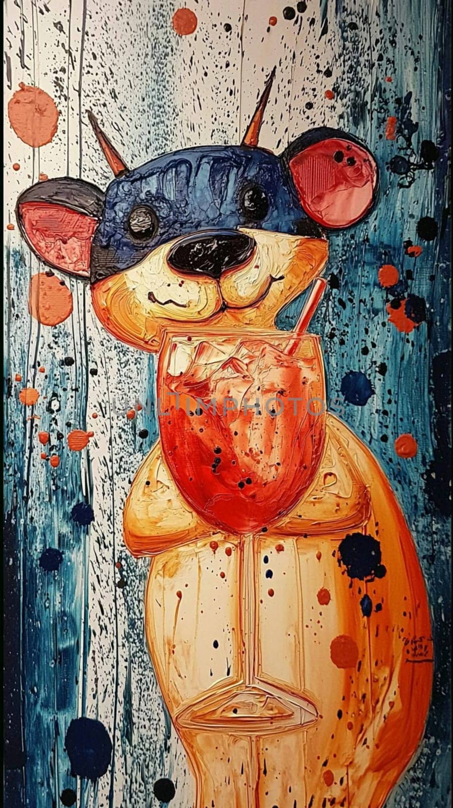 Colorful illustration of a funny dog holding an aperol spritz cocktail, painted with thick brushstrokes and splashes on a textured background