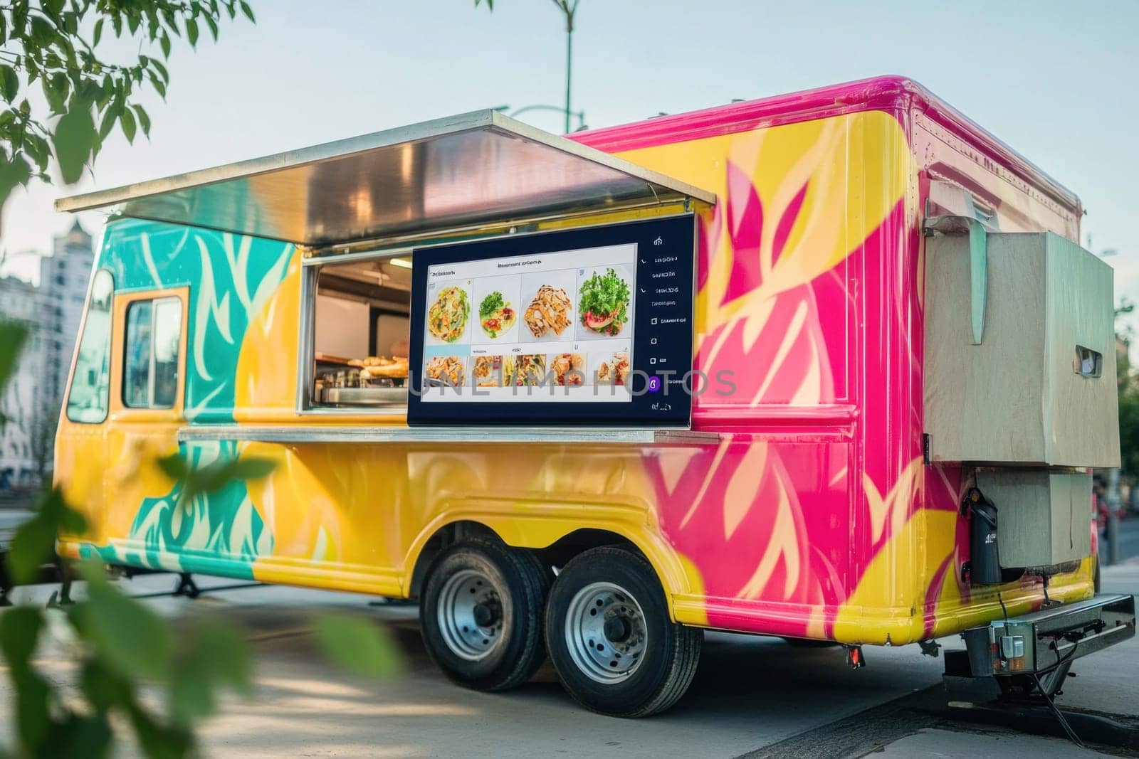 Brightly painted food truck is parked on the street, with its digital menu brightly lit and open for business