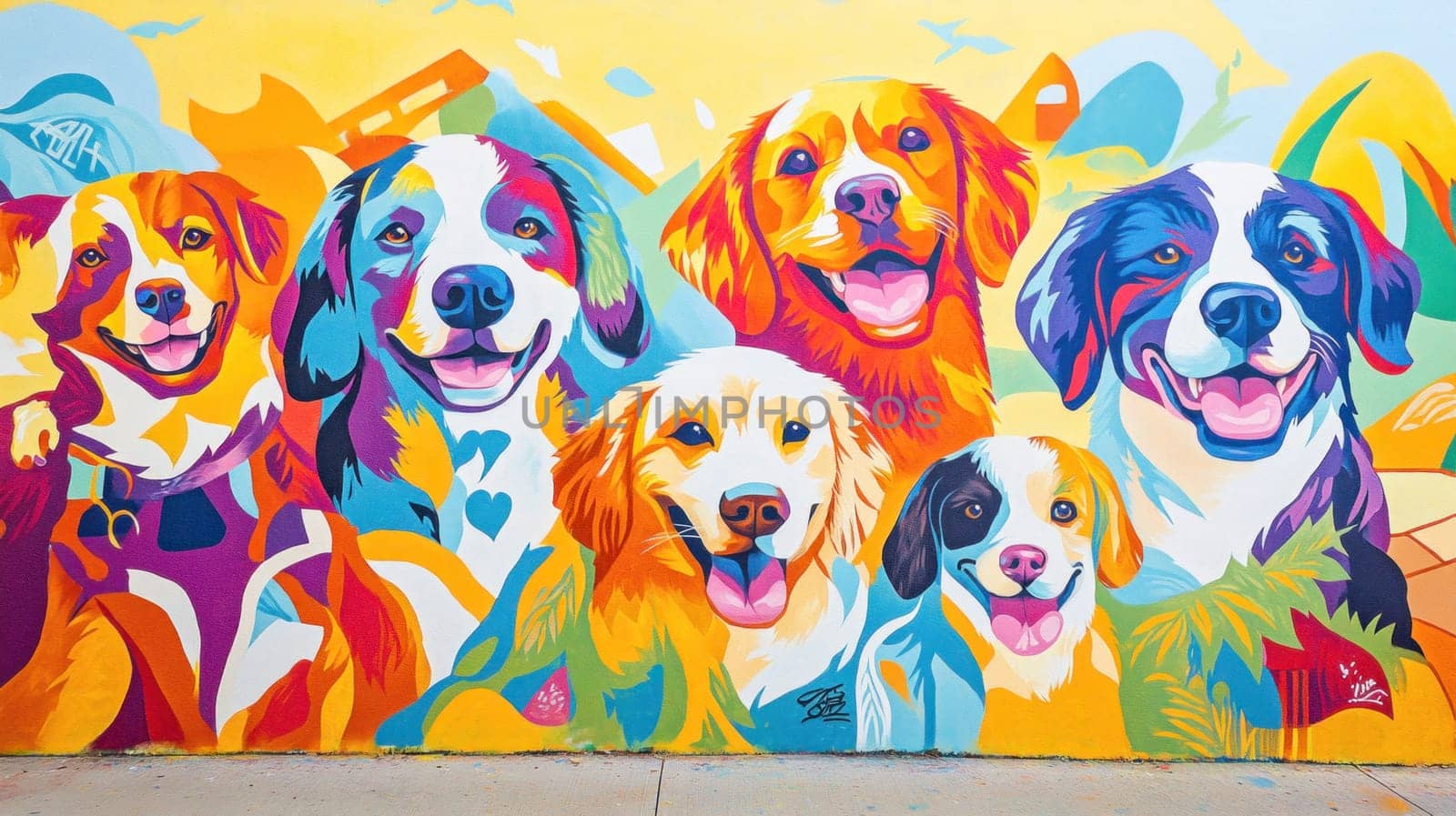 Vibrant and playful street art mural featuring a group of happy and colorful dogs