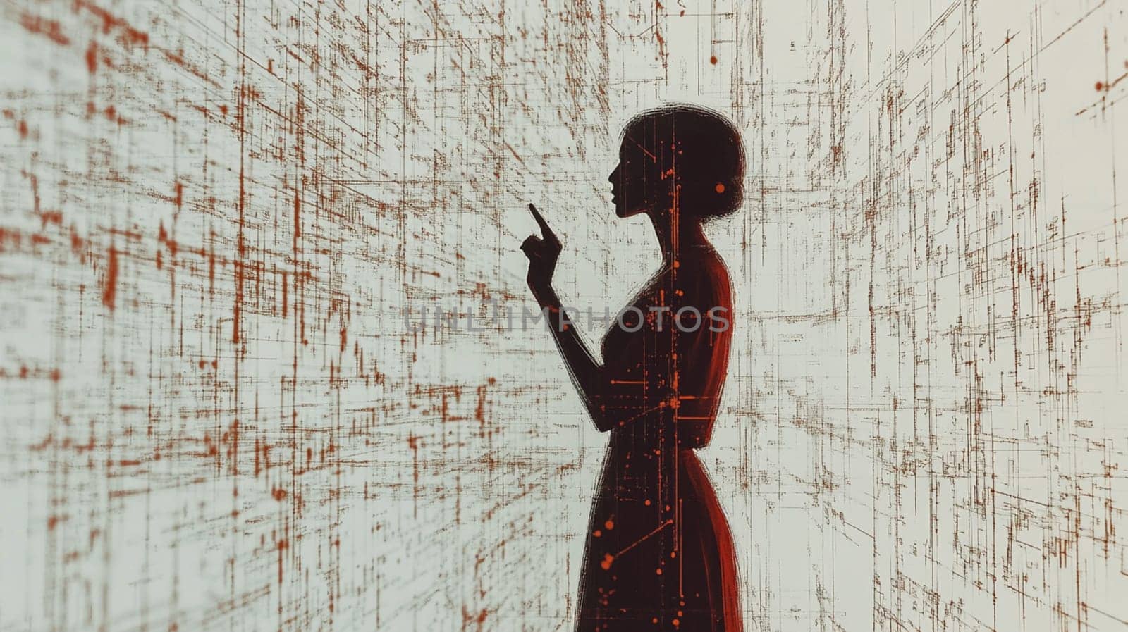 Young woman is touching a futuristic digital interface composed of lines and dots, evoking the concept of artificial intelligence
