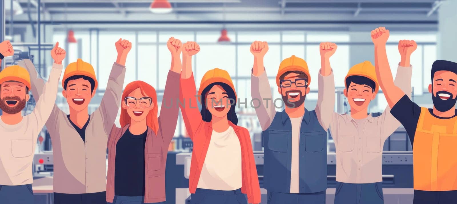 Diverse team of engineers and workers is raising their arms in celebration, expressing their joy and satisfaction in a modern factory setting