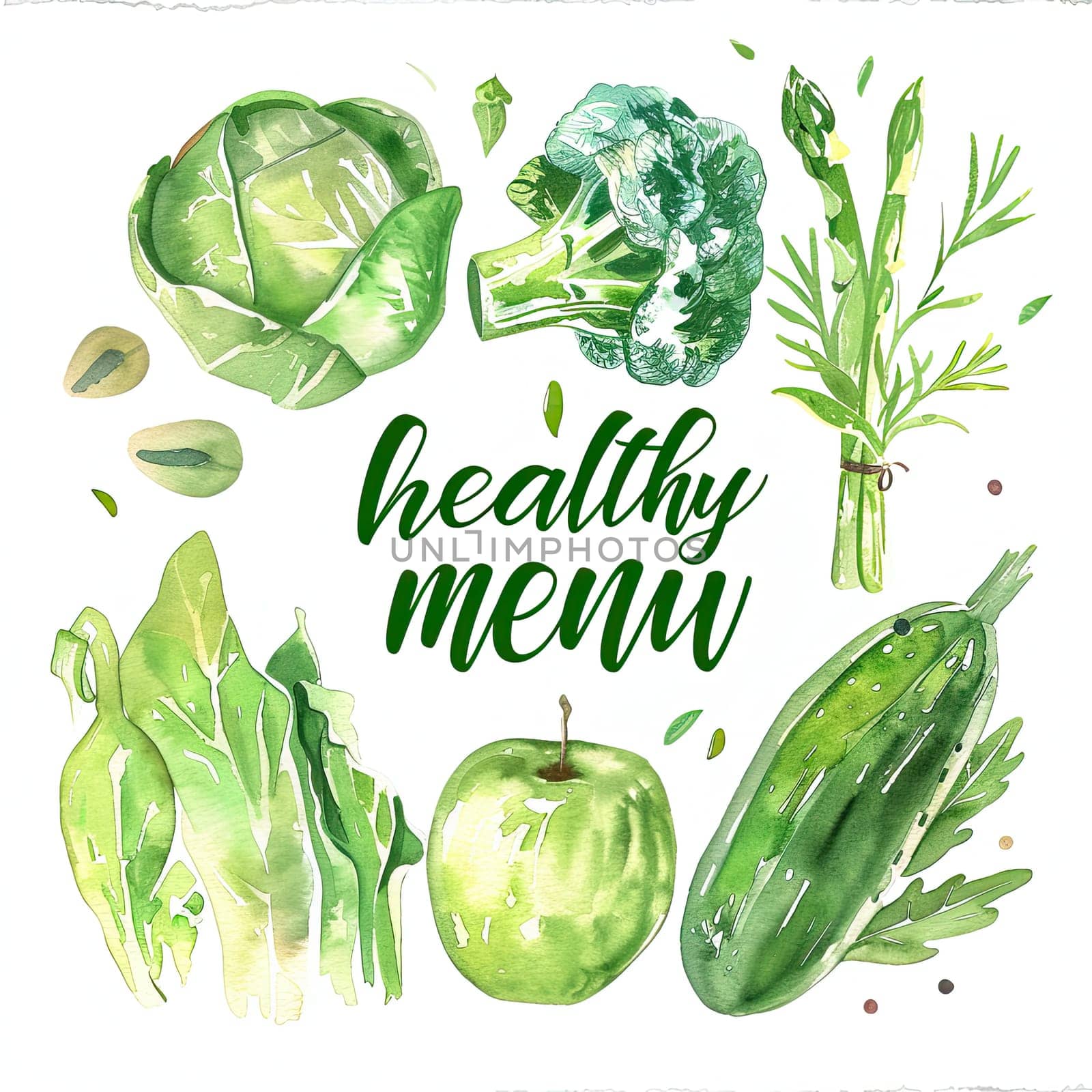 A colorful display showcases various fresh vegetables and fruits, emphasizing a healthy menu. The artwork features greens, an apple, and herbs arranged attractively.