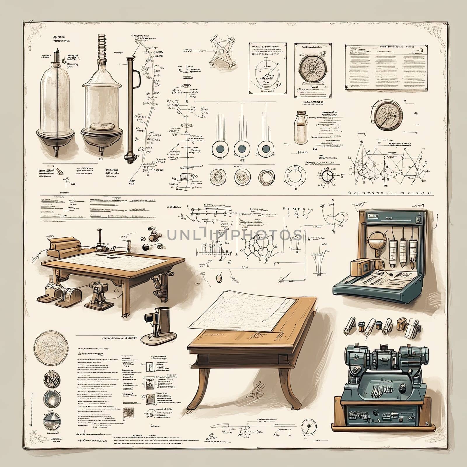 This infographic showcases various scientific instruments, diagrams, and measurement techniques commonly found in research laboratories, emphasizing experimental setups and data analysis methods.