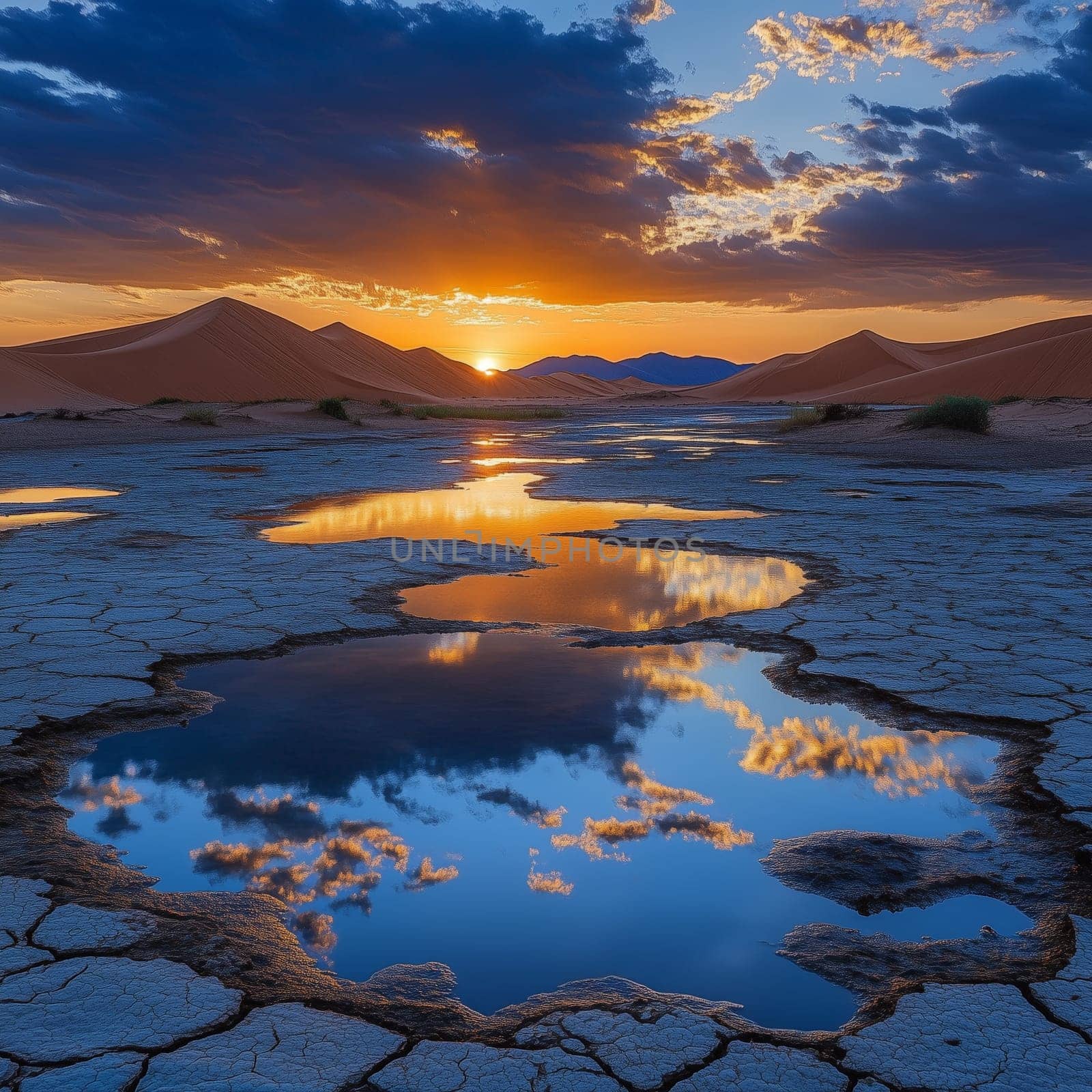 A breathtaking sunset reflects in small pools of water on a cracked desert floor, with a lone tree silhouetted against the colorful sky, blending the beauty of nature and the harshness of the desert.