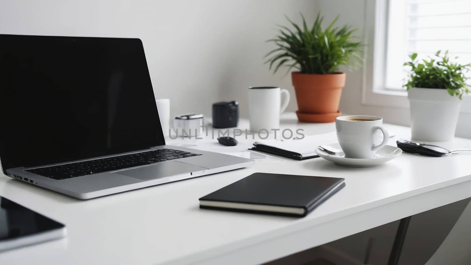 A sleek laptop rests on a minimalistic table beside a steaming cup of coffee and a small mug, creating a serene atmosphere perfect for productive mornings, accompanied by soft natural light.