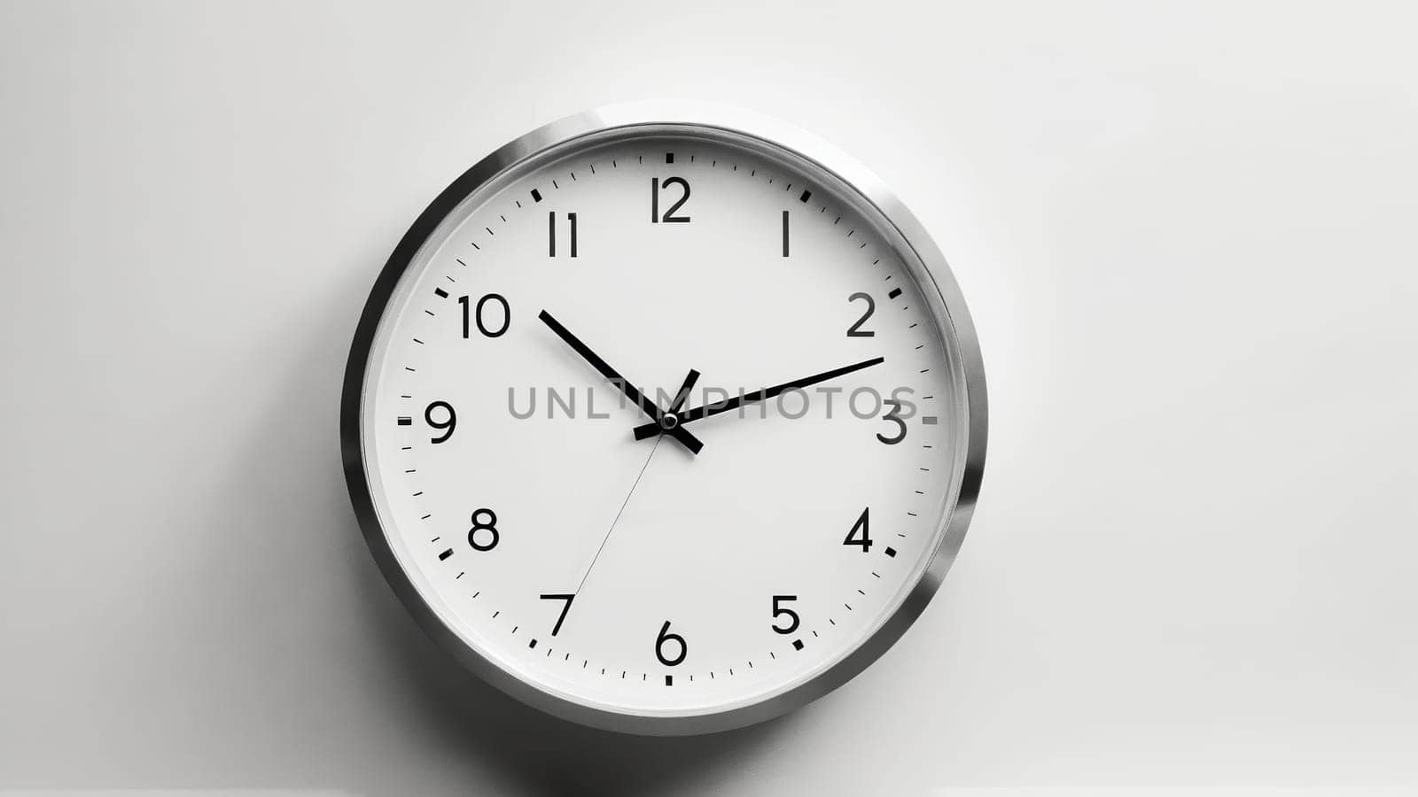 A sleek, minimalist clock hangs on a pristine white wall, its black hands pointing to three o'clock, symbolizing tranquility and the beauty of simplicity in design.