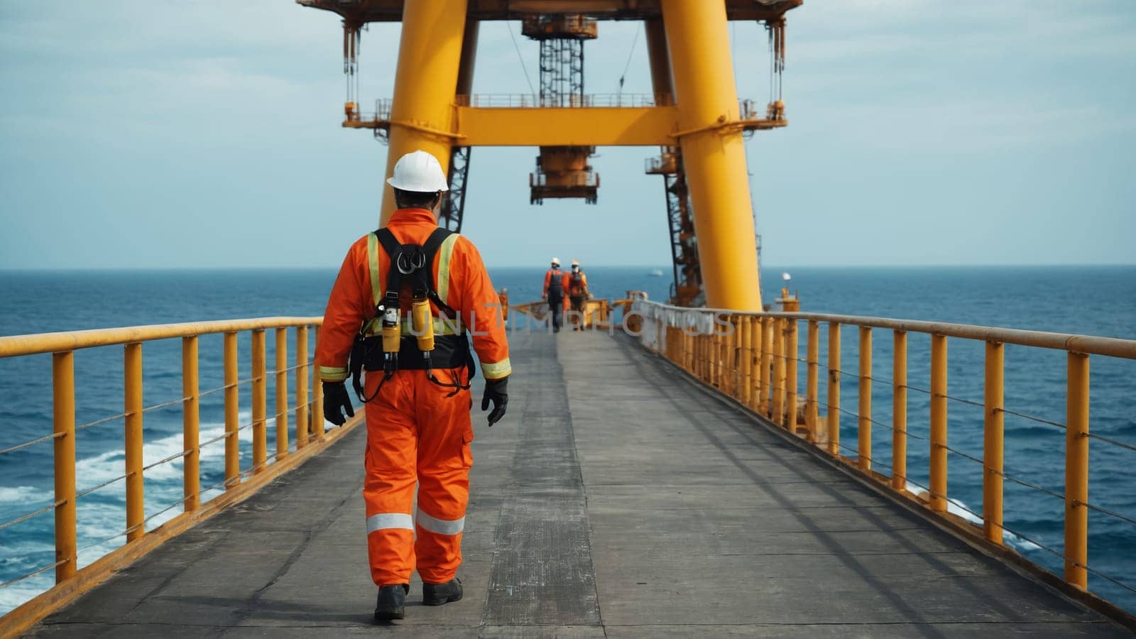 A construction worker in an orange jumpsuit and helmet walks along a wooden platform, with an oil rig and overcast sky visible in the background. The scene illustrates industrial life at sea.